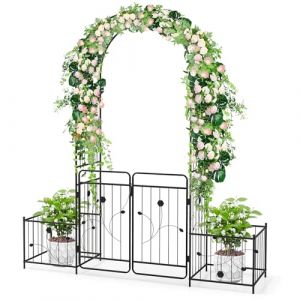 GOPLUS Arche de Jardin Porte en Métal avec 2 Jardinières Latérales, Treillis en Arc avec Portail Verrouillable, pour Plantes Grimpantes, Roses, Vignes, Mariage, Décoration de Cérémonie,202x50x220CM (Augenstern24, neuf)