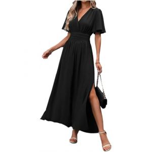 LUVCES Femme Robe Elegante Col en V Taille Haute Robe Longue d'été Plissée Manches Papillon Fente Latérale Froncée Robes pour Soirée Mariage Fête Noir L (SANYI FASHION, neuf)