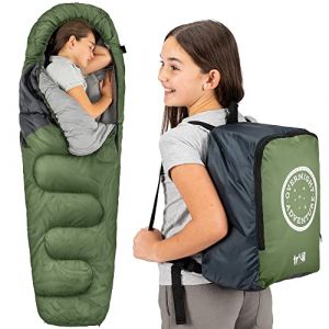 Trail Sac de Couchage Momie Enfant – Sac Couchage Enfant de Camping, Fille ou Garçon, 300 GSM pour 3 Saisons – Duvet Enfant avec Sac à Dos Léger -Kaki (TII Brands, neuf)