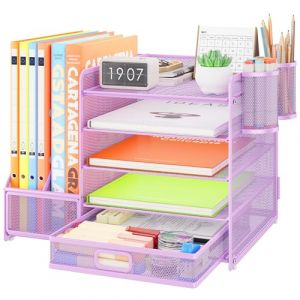 VITVITI Robuste Organisateur de Bureau avec Porte-Documents, 5 Niveaux - Porte-Lettres avec Tiroir et 2 Porte-Stylos - Compartiments de Rangement en Maille pour Fournitures de Bureau, Pourpre (VITVITI-EU, neuf)