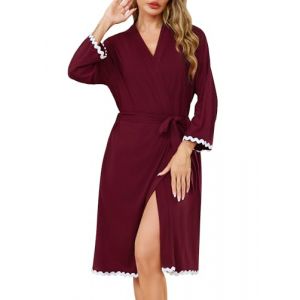 Sopesil Peignoir de Bain Femme Robe de Chambre Femme Manches 3/4 Kimono Sortie de Bain L&eacute;ger pour Nuit et D&eacute;tente V&ecirc;tement femmes Col V Confortable et &Eacute;l&eacute;gant Bordeaux XXL (Sopesil Direct, neuf)