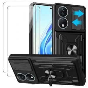 KZIOACSH Coque Honor X7b/Honor 90 Smart avec 2 Verre Tremp&eacute;,Heavy Duty Antichoc Bumper Housse,Couvercle de cam&eacute;ra &agrave; glissi&egrave;re+360&deg;degr&eacute;s B&eacute;quille &agrave; Bague de Rotation,Noir (Dragon-long, neuf)