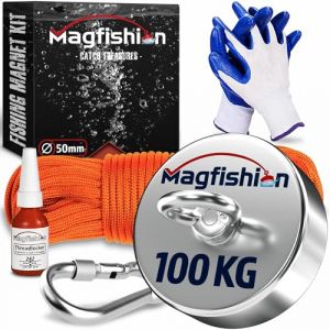 MAGFISHION Aimant Neodyme Puissant - 100KG - Aimant de P&ecirc;che - &Oslash;50mm - Peche a l'aimant avec Corde (20M) et Gants - Kit de P&ecirc;che Super Magn&eacute;tique (AWEMOZ, neuf)