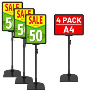 VAIIGO Lot de 4 Porte Affiche A4 sur Pied R&eacute;glable - pour Comptoir et Sol - Pr&eacute;sentoir M&eacute;tallique - Supports de Signalisation pour Menu, Publicit&eacute;, Signalisation, Magasin et Bureau (WIIGO, neuf)