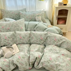 Freyamy Housse de Couette Fleurie 140x200+1 Taie d'oreiller 65x65cm Vert Rose Coloré Feuilles Floral Ado Parure de lit en Microfibre Fleurs Sets de Housse Couette Adulte Filles avec Fermeture Éclair (Mitchell'SZ, neuf)