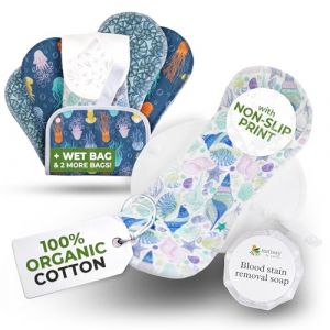 Serviettes hygi&eacute;niques lavables bio avec imprim&eacute; antid&eacute;rapant pour filles et ados (S+M, x6); serviettes menstruelles r&eacute;utilisables en coton, lavables &agrave; haute T&deg;, protection p&eacute;riodique non irritante (Natissy, neuf)