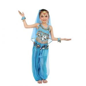 Générique Enfant Fille Costume Danse du Ventre Haut de Danse + Pantalon Danse du Ventre Foulard de Danse Orientale Ensemble Déguisement Danseuse 3-10 Ans (Miuiakoal, neuf)