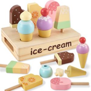 HERSITY Jouet de Crème Glacée pour Enfant, Glacier en Bois Aliments Dinette Enfant, Glacier Jouet avec Stand de Glace, Jeu de Cuisine, Jeu d'imitación pour Garçons Filles 3 4 5 Ans (YYTOY, neuf)