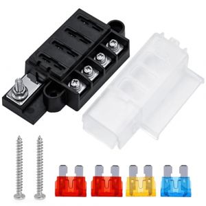Porte Fusible Voiture 4 Voies Blocs Fusible Lame ATC/ATO avec Couverture Étanche et 4 Pièces Fusibles à Lame pour Automobile Camion Bateau Camping-car (MDHONG, neuf)