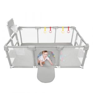 Parc Bébé,Parc Enfants, Grand Parc Bebe,Pour intérieur et extérieur Avec Base Antidérapante,Barriere Parc Bebe,en Tissu Oxford,50 balles,4 ventouses+4 anneaux de traction (Gris clair, 180*120*66cm) (Willanmd, neuf)