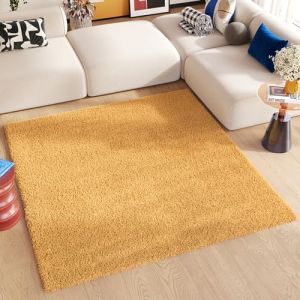 TAPISO Essence Carré Tapis Shaggy Poils Longs Moderne Moutarde Jaune Uni Tapis Salon Chambre Adulte Enfant Descente de Lit Moelleux Super Soft Epais Oeko-TEX 120 x 120 cm (TAPISO-FR, neuf)