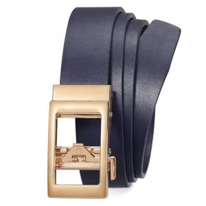 LEACOOLKEY Ceinture automatique &agrave; cliquet en cuir pour femme - R&eacute;glable - Sans trous - Pour jeans - Avec boucle coulissante dor&eacute;e - Largeur : 3 cm, bleu marine, L Passt Taillengr&ouml;&szlig;e 87-103 cm (LEACOOLKEY, neuf)