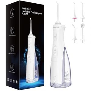 Pulsefell Jet Dentaire Hydropulseur Portable, 300 ML USB Rechargeable Sans Fil Hydropulseur Dentaire avec 4 Embouts et 4 Modes, &eacute;tanche IPX7 Water Flosser pour Domicile et en Voyage (Blanc) (Bulle Home, neuf)