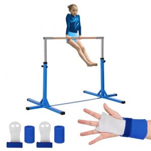 Gym Bar® Barre Fixe de Gymnastique pour Enfant Bleue | 13 Niveaux Ajustables de 90 à 150 cm | En Acier et Bois Massif en Hêtre | Kit de Protection Offert | Usage Intérieur Extérieur | Aerobik (Original Party, neuf)
