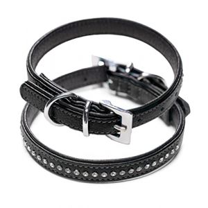 Collier pour chien en cuir véritable orné de strass et de cristaux – Collier en cuir de buffle rembourré et double couche Audrey (XS (19,0-23,5 cm) Noir (Trachtenhütte, neuf)