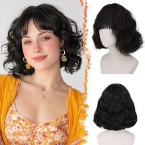 BARSDAR Courte Ondul&eacute;e Perruque Brun Fonc&eacute; avec Franges, Courte Perruque Bob pour Femmes Boucl&eacute;e Bob Perruques avec Franges Synth&eacute;tiques D'aspect Naturel Cheveux Perruques Cosplay Halloween (BARSDAREU, neuf)