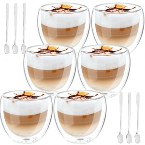 Tasse à Café Double Paroi, Lot de 6 250 ml, Verre à Double Paroi pour Café Latte, Tasse en Verre Transparente,Verre à Café avec 6 Cuillère, Tasses à Latte Macchiato en Verre, pour Cafetière/Bière/Jus (Fotalent Store, neuf)
