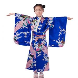 G&eacute;n&eacute;rique Kimono Japonais pour Filles Enfant Fille Peignoir Satin Pyjama Kimono Robe de Chambre &agrave; Manche Longue Fille Peignoir Mariage F&ecirc;te Performance Robe (01A-Blue, 2-3 Years) (Beythetly, neuf)