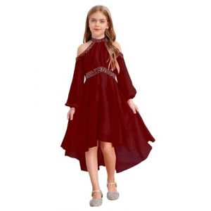 Freebily Asymétrique Robe De Mariage Soirée Princesse Fille Enfant Robe Licou de Cocktail Nouvelle Année Concours De Beauté Ecole Volants Strass Diamants Bordeaux 9-10 Ans (MissPretty, neuf)