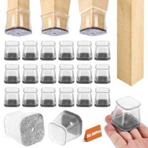 Lot de 30 embouts de protection carrés en silicone avec feutre pour pieds de chaise - Protection de sol transparente pour sols en bois, protection contre les rayures et isolation phonique (STANILA FOYA SHOP S.R.L., neuf)