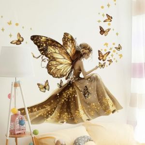 WandSticker4U&reg;- [Extra large] Stickers muraux FILLE & PAPILLONS en or (110x112 cm) I Autocollant mural f&eacute;e chambre adolescent princesse femme I D&eacute;co murale chambre ado fille geant XXL COOL (WandSticker4U&reg;, neuf)