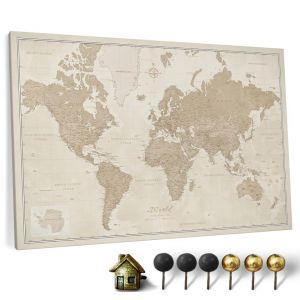 Carte du monde en toile avec tableau d'affichage en liège - Labels en anglais - Décoration murale décorative pour toutes les pièces - Tableaux sur toile (150x100 cm, Motif 9) (canvascale_maps, neuf)