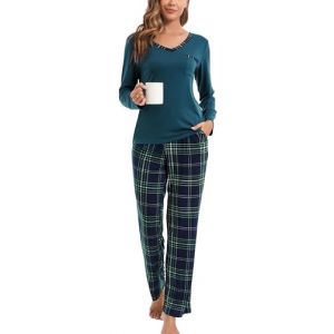 Yukiuiny Pyjama Femme Long Coton Ensemble Vêtement d'Intérieur Tee Shirt Vêtement de Nuit Carreaux Plaid Manches Longues Col V Pantalons de Pyjama Printemps Douce Confortable A-Vert+Carreaux XXL (Yukiuiny, neuf)