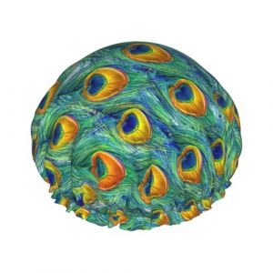Bonnet de douche réutilisable pour femme - Bonnet de bain imprimé plumes de paon - Double couche imperméable - Protection des cheveux - Bande élastique réglable - Chapeau de douche pour la maison, le (Qingchede77Stro, neuf)