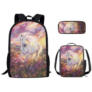 Kuiaobaty Ensemble cartable 3 en 1 pour filles et garçons avec sac à déjeuner et trousse à crayons pour collège, Peinture Cheval Blanc (kuiaobaty, neuf)