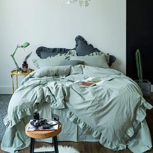 Sedefen Feuille de Lotus Housse de Couette 220x240cm + 2 taies d'oreiller 65x65cm Ado Fille Adulte Vert Sauge Volants Romantique Parure de Lit 2 Personnes Avez Fermeture Éclair (ArvinBoutiques, neuf)