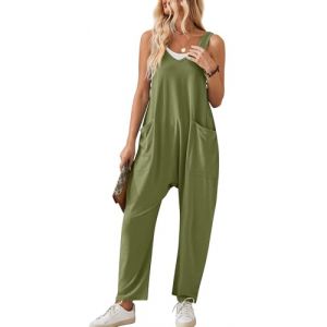 Combinaison décontractée en tricot côtelé pour femme Salopette unie sans manches avec poches Salopette Combishort Pantalon large à bretelles Pantalon Vert XL (QINGYUEEU, neuf)