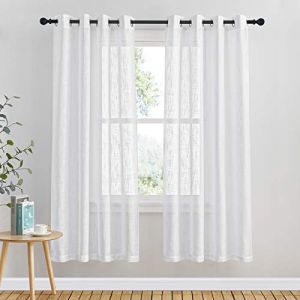 PONY DANCE Rideau Voilage - Voilage Blanc Transparent Panneaux Voile en Effet Lin Textur&eacute; D&eacute;coration de Fen&ecirc;tre avec Oeillet pour Cuisine Chambre, Chaque: L132xH158cm, Blanc, Lot de 2 (RYB HOME EU, neuf)