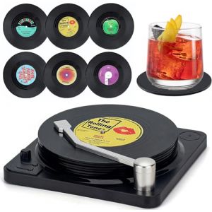 Litensh 6 PCS Dessous de Verre en Vinyle Support Rétro CD Dessous sous Verres pour Café Forme de Disque Thé Bière Vin Bouteille de Vin avec Support Table Antidérapant Protection Motif M1 with Support (Litensh, neuf)