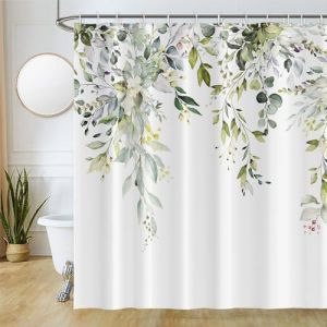 Uiiooazy Rideau Douche Vert Sauge, Rideau de Douche Feuilles d'eucalyptus Fleur Rose Rideaux de Baignoire Anti Moisissure Imperméable Tissu Polyester Rideaux Salle de Bain avec 12 Crochets 200x180cm (dongguibinjingpinxiaodianpu, neuf)