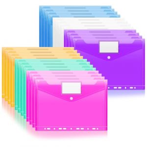 Pochette Classeur A4, Mezzar 24 Pcs Chemise Plastique A 4, Transparent Pochettes classeur Perforées A4 avec Rabat Fermeture à Pression et Etiquette pour Documents, Papier, Cartes (Coloré) (Eneig International Trading Kft., neuf)