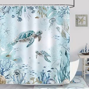 Bonhause Rideau de Douche Tortue de Mer Océan Bleu Algue Rideau de Bain Tissu Polyester Anti Moisissure Imperméable Lavable Rideau Salle de Bain 180 x 200 cm avec 12 Crochets pour Baignoire (Bonhause EU, neuf)