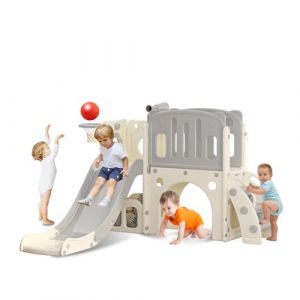 hoopyosms Toboggan pour Tout-Petits avec Échelle d'escalade, Panier de Basket et Tunnel, Ensemble de Toboggan en Plastique pour Enfants, Jouets d'aire de Jeux Montessori, Gris (hoopyosms, neuf)