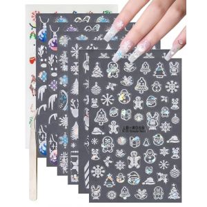 Sticker ongles No&euml;l-7 feuilles Nail Art Sticker autocollant & 1 pince &agrave; &eacute;piler, Hiver Aurore Flocon de Neige Elan Arbre de No&euml;l Bonhomme de Neige D&eacute;coration Vacances Accessoire Nail Design Stickers-H (GZST-EU, neuf)