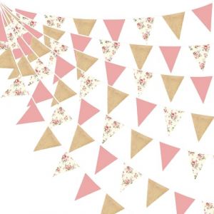 Rétro Rose Fleurs Toile de Jute Fanion Guirlande Bannière Bruant Décoration de Fête Rose Blush Florales Tissu Triangle Drapeau Banderole pour Fille Anniversaire Bapteme Mariage Mères Thé Festival Deco (MZY Co., Ltd, neuf)