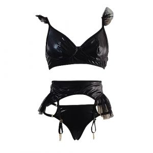 Satohom Sexy Femme Ensemble de sous-vêtements Patchwork en Maille et Cuir Verni Réglable PU Soutien Gorge Push Up Wetlook Jarretière Taille Haute avec Clip Métal et String 3 Pièces Lingerie (emaodaxue, neuf)