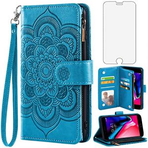 Asuwish Coque pour iPhone 7 Plus/8 Plus Portefeuille avec Verre Trempé et Porte Carte Chaine PU Cuir à Clapet Mandala Étui Housse Support i 7Plus 8Plus + 7+ 8+ Fleur Vitre Téléphone Case Femme Bleu (Asuwish FC UK Store, neuf)