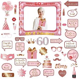Photobooth 60 Ans,34PCS Kit Photobooth Anniversaire,Rose Or Photobooth Anniversaire,Rose Or Photobooth Anniversaire avec Cadre Photo 60 Ans,Photobooth Props Accessoires de Selfie D&eacute;coration (MUDAMUDA Store, neuf)