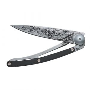 Deejo - Couteau de Poche Pliant 27g - Manche en Eb&egrave;ne, Lame en Acier Inoxydable Z40C13 - Motif Celte - Couteau de Table, Randonn&eacute;e, Camping, Bivouac (Deejo, neuf)