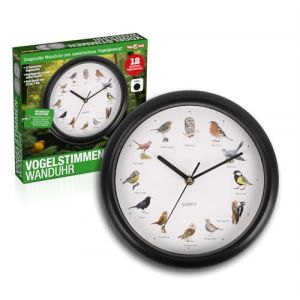 TELE WELT Horloge murale avec sons d'oiseaux, noire [12 voix d'oiseau] moderne - Horloge de salon - Analogique - Horloge de cuisine - Horloge murale noire (HSP Hanse Shopping GmbH, neuf)