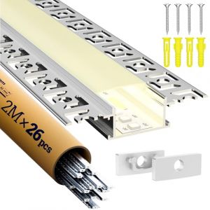LASLUX Profil&eacute; Aluminium LED Aluminium 26 * 2m(52m) Profil&eacute; U-forme pour carrelage LED, Compact Finition Professionnelle avec Blanc Laiteux Couvercle,Embouts,Clips de Montage en M&eacute;tal (JIDIHUWAI, neuf)