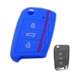Coque de cl&eacute; compatible avec Volkswagen Golf Polo Tiguan T ROC T CROSS Passat Silicone Caoutchouc 3 Touches Porte-cl&eacute;s Coque Souple Protection T&eacute;l&eacute;commande Voiture (bleu) (Car_Passion2013, neuf)