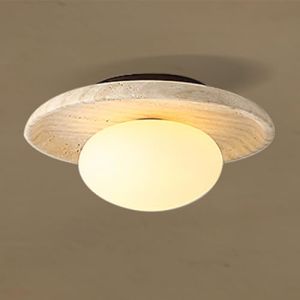kaixunl Plafonnier rond en marbre naturel jaune de style japonais Wabi-sabi de 25cm, en bois et travertin naturel, &eacute;clairage de plafond pour couloir, cuisine, balcon, salle de bain (Kaixunl, neuf)