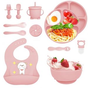 Bizcasa Coffret Repas Bebe 8 pièces, Vaisselle Antiderapant pour Bébé Set Silicone avec Ventouse Assiette Bol Fourche Cuillère Bavoir et Tasse, Assiette Enfant Set, Sans BPA (Rose clair) (Kidtvan XP Kft., neuf)
