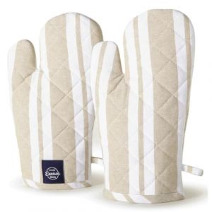 Encasa Homes Long Four à Micro-Ondes Mitaines pour Gants de Cuisine 2 Pcs - Résistant à la Chaleur, épais et sécuritaire, Protection des Mains Contre Les ustensiles Chauds -Franca Beige Stripes (Encasa Home, neuf)