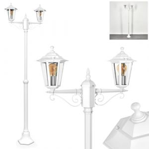 Luminaire d'extérieur Loria, lampadaire en métal/verre blanc/transparent, candélabre 2 ampoules au look antique, hauteur max. 200 cm, éclairage de jardin IP44, 2 x E27, sans ampoule (hofstein, neuf)